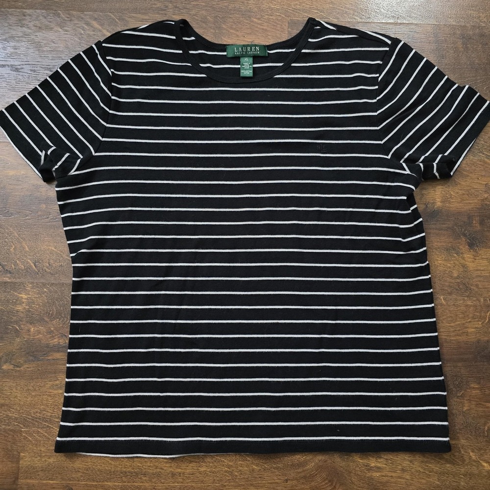 Lauren Ralph Lauren Shirt Womens XL Black Striped Embroidered Cotton Tee T-Shirt